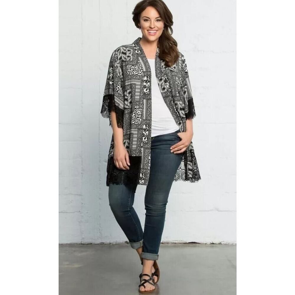 Kiyonna Jacket 1X Shayla Chiffon Kimono Top Tunic Bellini 3/4 Sleeves Tie